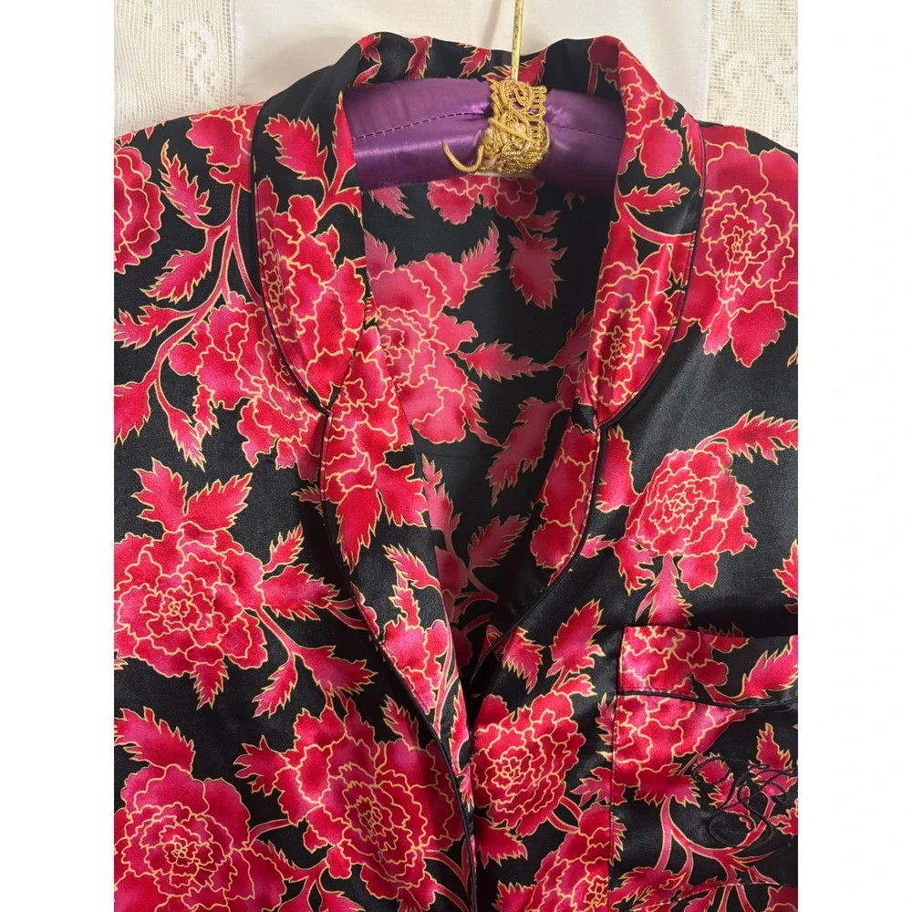 VTG Gold Label Victoria's Secret Black Red Floral Satin Button Up Robe Size L-XL
